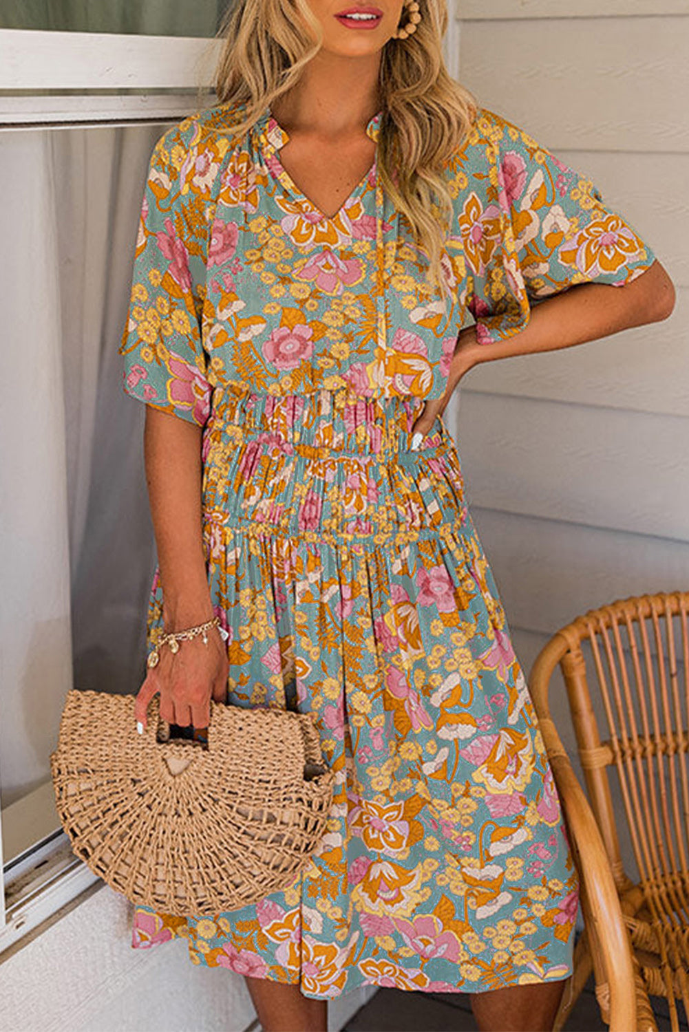 Boho Wide Sleeve Smocked Waist Floral Dress